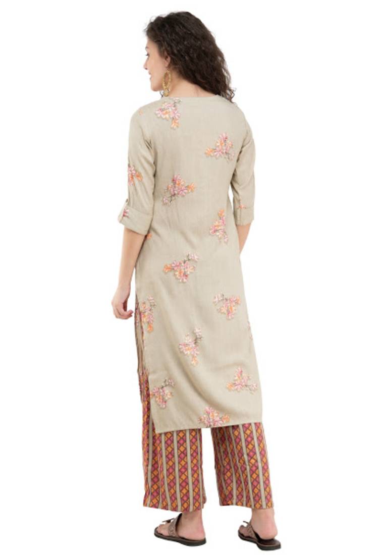 Women Straight Printed Rayon Kurta With Palazzo(Cream)