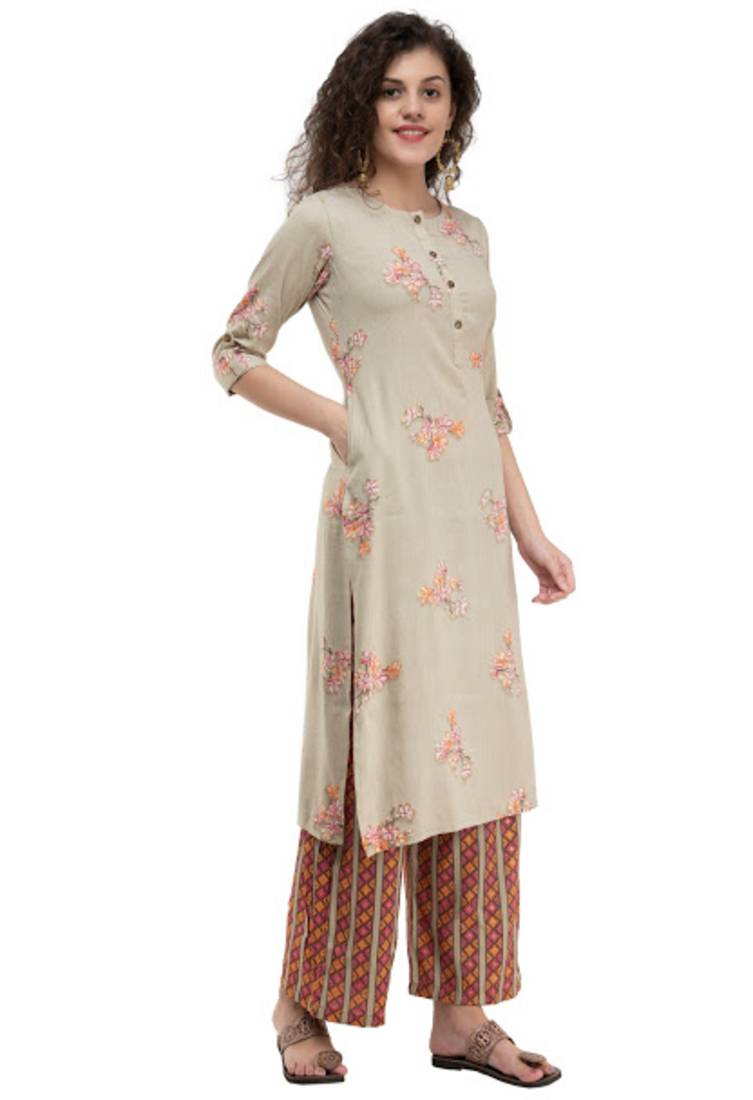 Women Straight Printed Rayon Kurta With Palazzo(Cream)