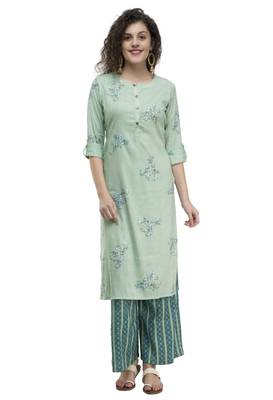 Women Straight Printed Rayon Kurta With Palazzo(Green) 1