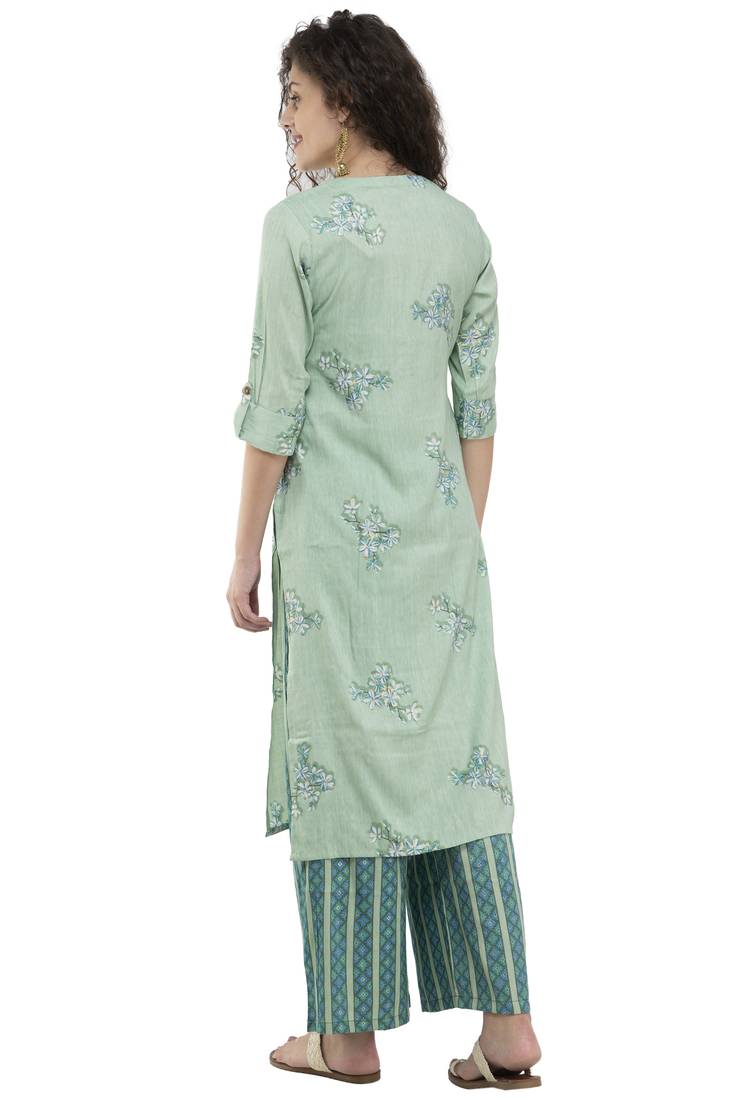 Women Straight Printed Rayon Kurta With Palazzo(Green)