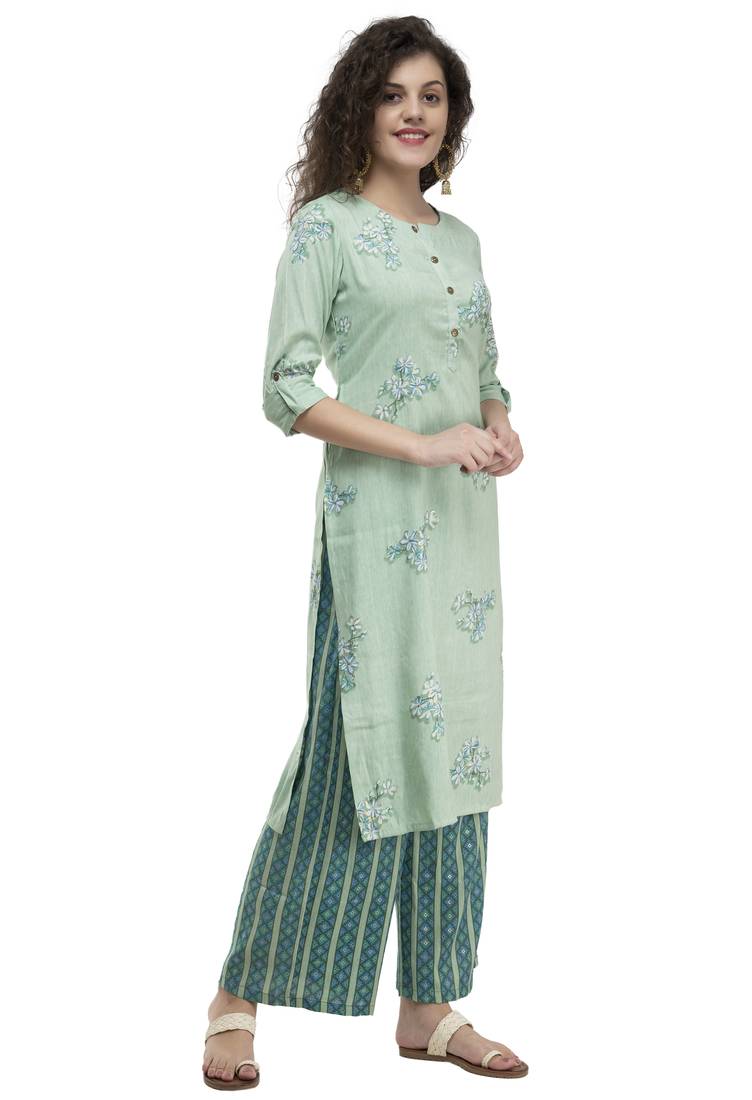Women Straight Printed Rayon Kurta With Palazzo(Green)