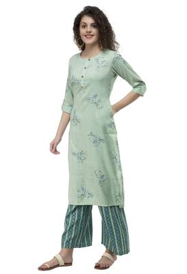 Women Straight Printed Rayon Kurta With Palazzo(Green) 5