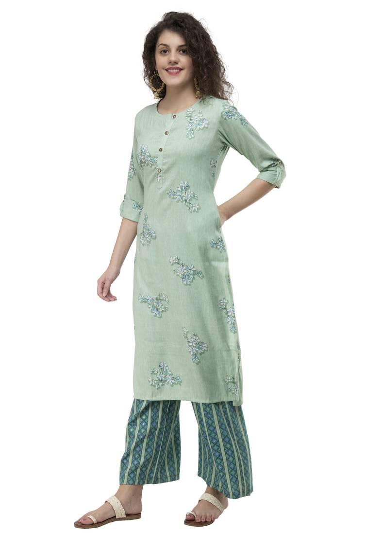 Women Straight Printed Rayon Kurta With Palazzo(Green)