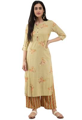 Women Straight Printed Rayon Kurta With Palazzo(Mustard) 1