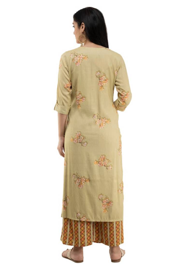 Women Straight Printed Rayon Kurta With Palazzo(Mustard)