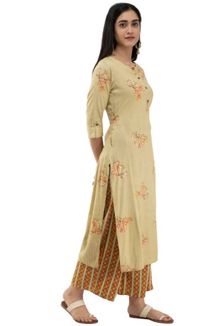 Women Straight Printed Rayon Kurta With Palazzo(Mustard)