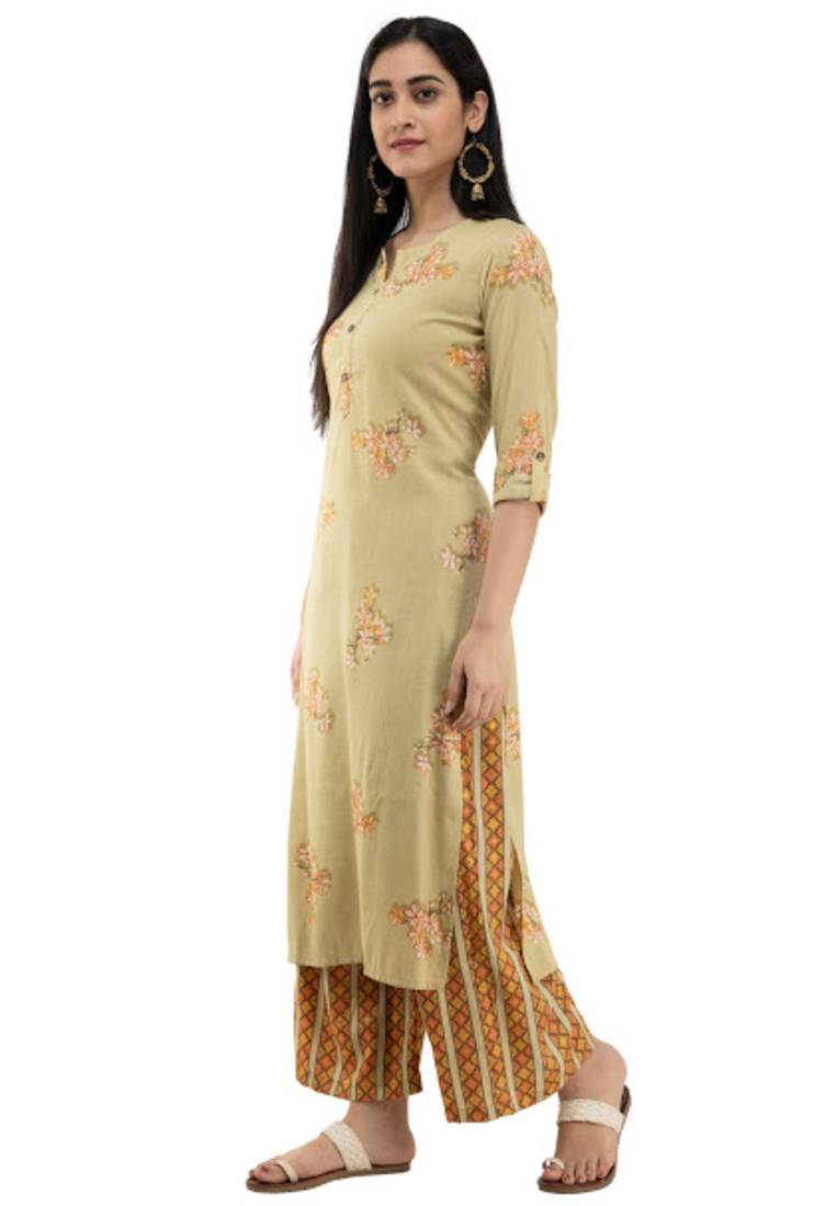 Women Straight Printed Rayon Kurta With Palazzo(Mustard)