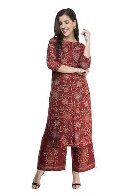 Women Straight Printed Rayon Kurta With Palazzo(Maroon) 1