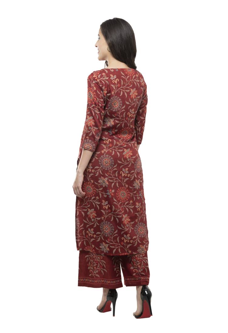 Women Straight Printed Rayon Kurta With Palazzo(Maroon)
