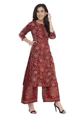 Women Straight Printed Rayon Kurta With Palazzo(Maroon) 3