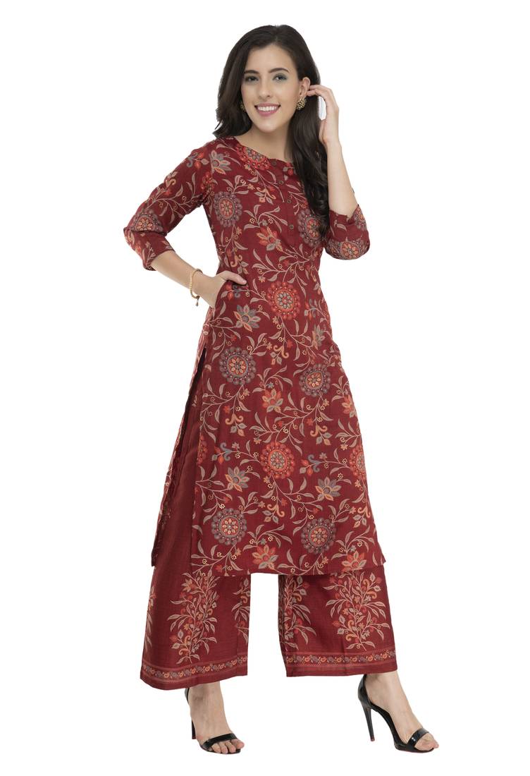 Women Straight Printed Rayon Kurta With Palazzo(Maroon)
