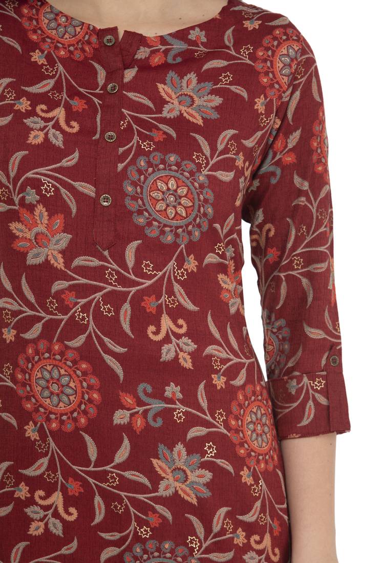 Women Straight Printed Rayon Kurta With Palazzo(Maroon)