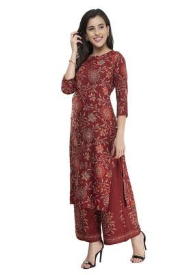 Women Straight Printed Rayon Kurta With Palazzo(Maroon) 5