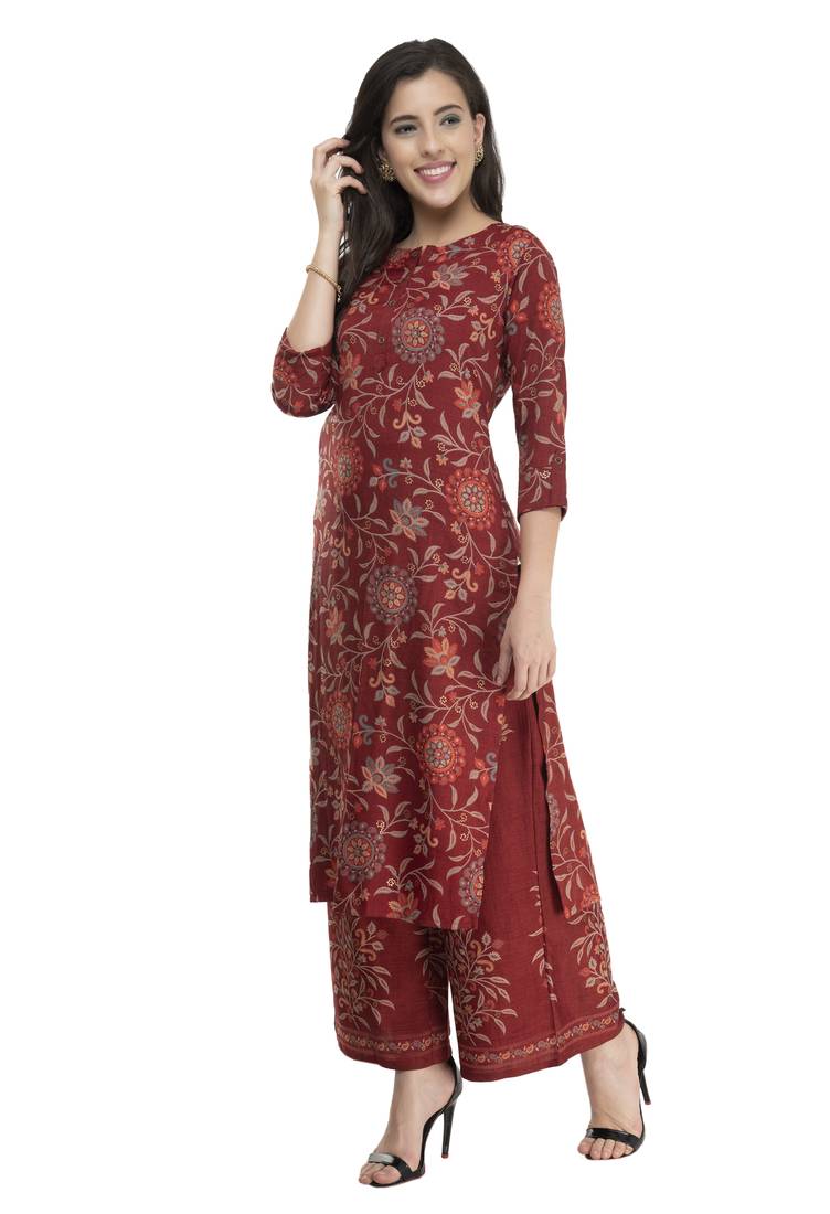 Women Straight Printed Rayon Kurta With Palazzo(Maroon)