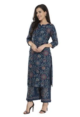 Women Straight Printed Rayon Kurta With Palazzo(Blue) 1