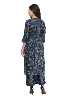 Women Straight Printed Rayon Kurta With Palazzo(Blue) 2