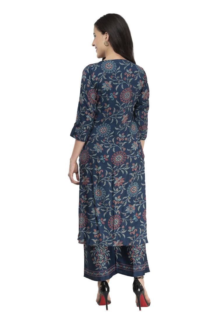 Women Straight Printed Rayon Kurta With Palazzo(Blue)