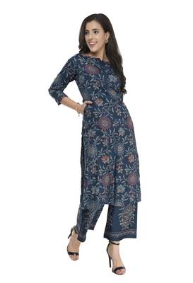Women Straight Printed Rayon Kurta With Palazzo(Blue) 3