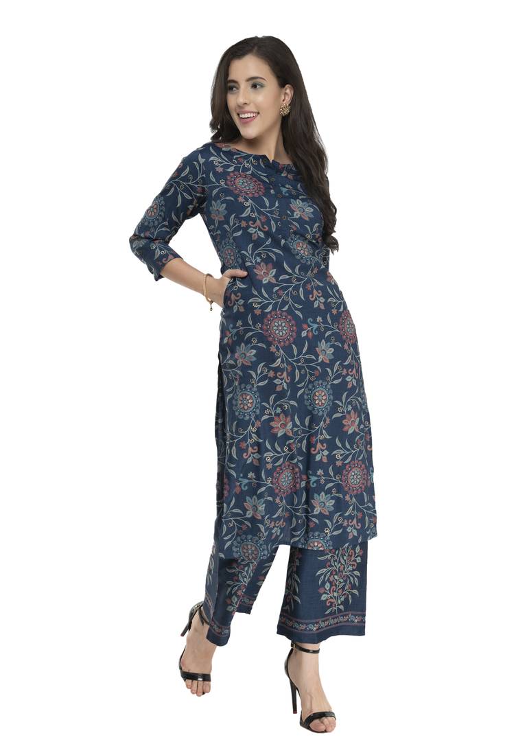 Women Straight Printed Rayon Kurta With Palazzo(Blue)