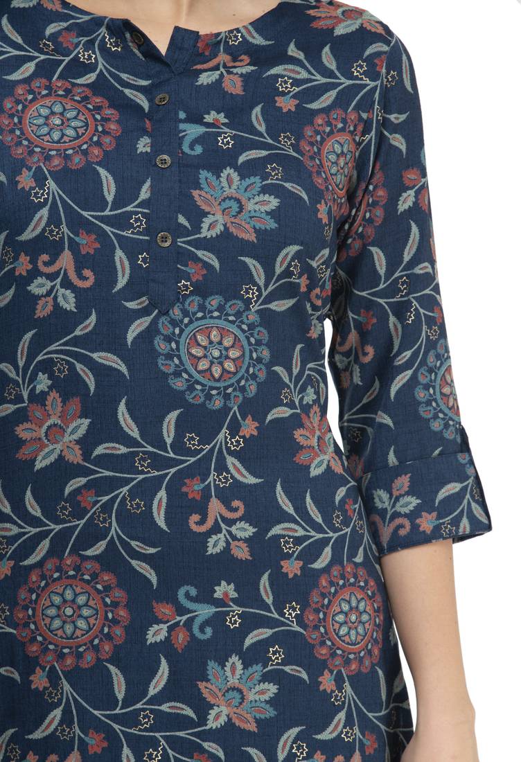 Women Straight Printed Rayon Kurta With Palazzo(Blue)