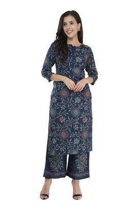 Women Straight Printed Rayon Kurta With Palazzo(Blue) 5