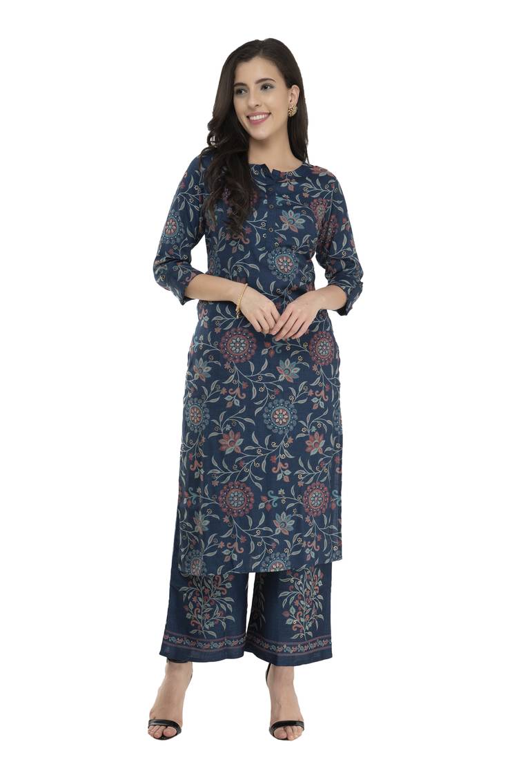 Women Straight Printed Rayon Kurta With Palazzo(Blue)