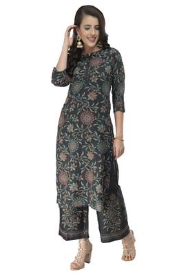 Women Straight Printed Rayon Kurta With Palazzo(Green) 3