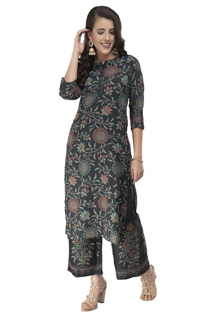 Women Straight Printed Rayon Kurta With Palazzo(Green)