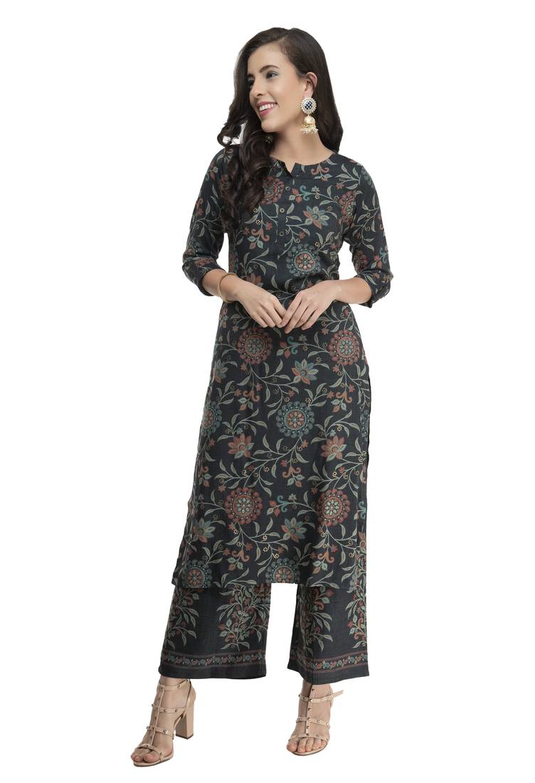 Women Straight Printed Rayon Kurta With Palazzo(Green)