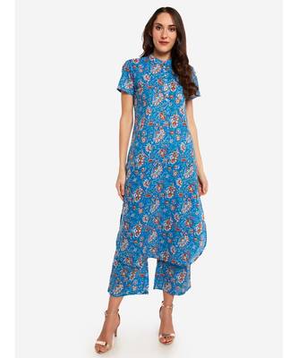 Desi Weavess collared button-down Light Blue Floral Printed kurta. 1