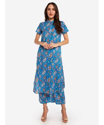 Desi Weavess collared button-down Light Blue Floral Printed kurta. 2