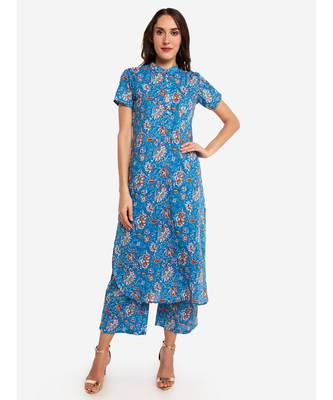 Desi Weavess collared button-down Light Blue Floral Printed kurta. 3