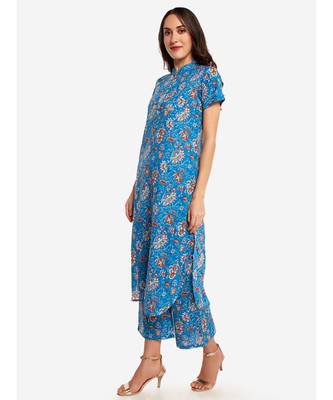 Desi Weavess collared button-down Light Blue Floral Printed kurta. 4