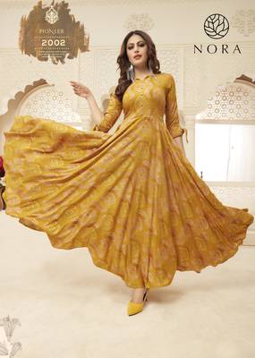 Navraj Fashion Women's Yellow Flared Foil Printed Gown Style Kurti 2
