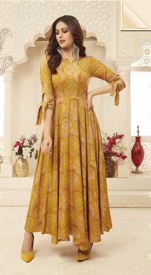 Navraj Fashion Women's Yellow Flared Foil Printed Gown Style Kurti 1