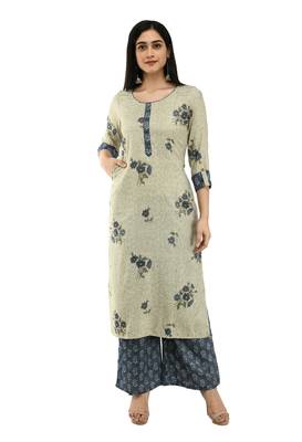 Women Straight Floral Printed Rayon Kurta With Floral Palazzo(Light Green) 1