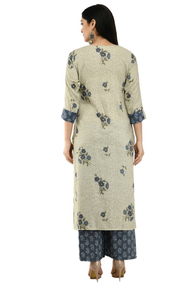 Women Straight Floral Printed Rayon Kurta With Floral Palazzo(Light Green)