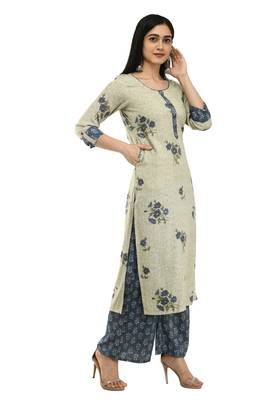 Women Straight Floral Printed Rayon Kurta With Floral Palazzo(Light Green) 3