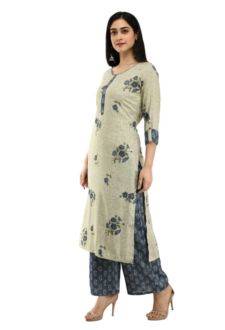 Women Straight Floral Printed Rayon Kurta With Floral Palazzo(Light Green)