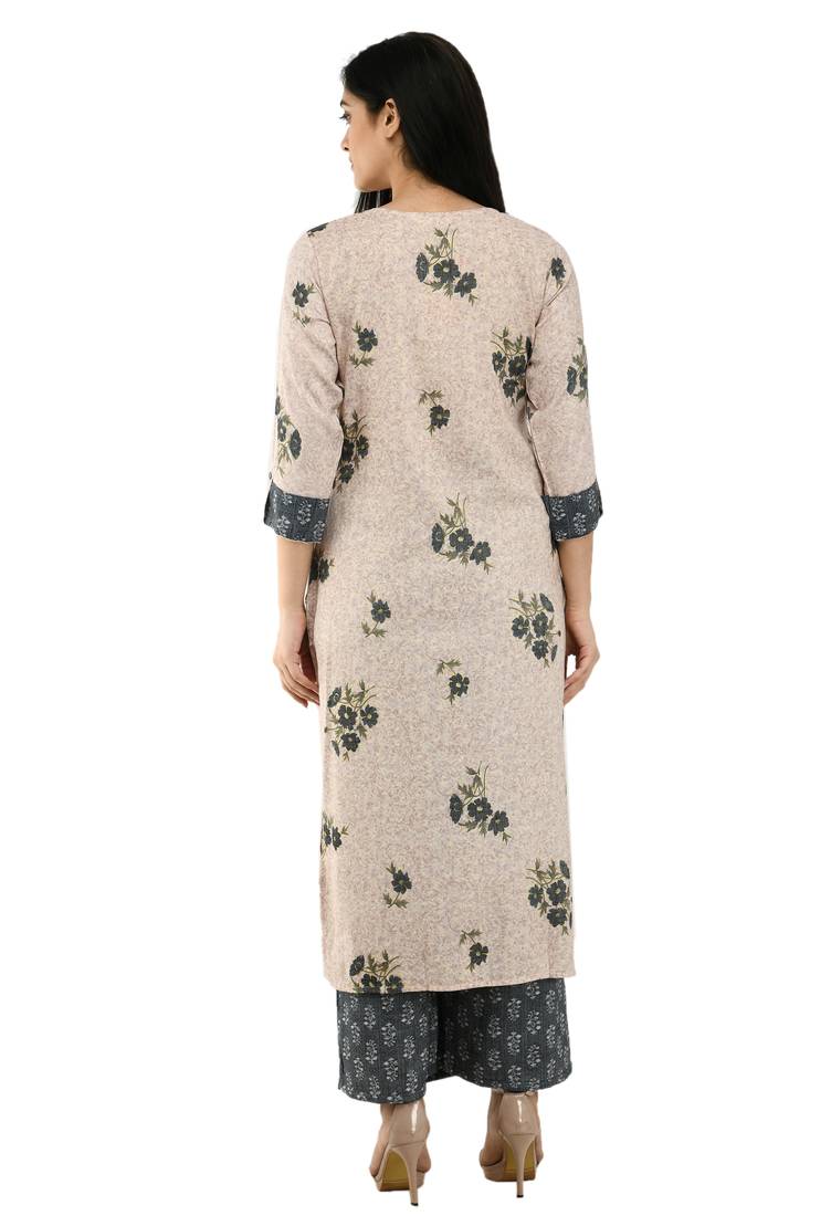Women Straight Floral Printed Rayon Kurta With Palazzo(Light Pink)