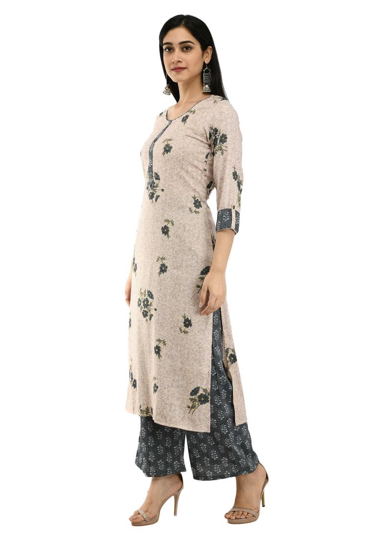 Women Straight Floral Printed Rayon Kurta With Palazzo(Light Pink)