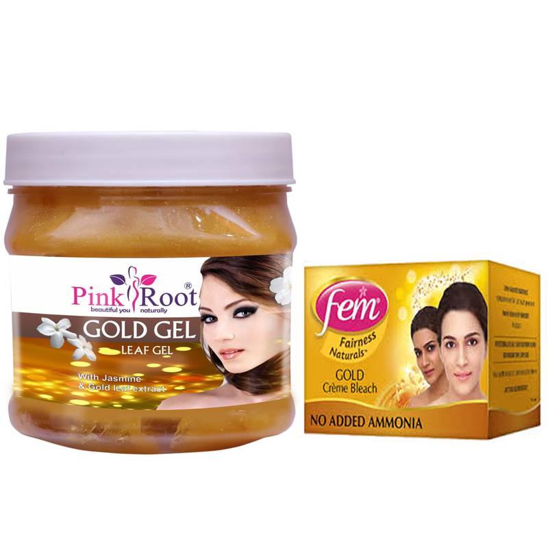 Gold Gel Leaf Gel With Jasmine & Gold leaf extract 500gm with Fem Gold Creme Bleach 50gm by Pink Root