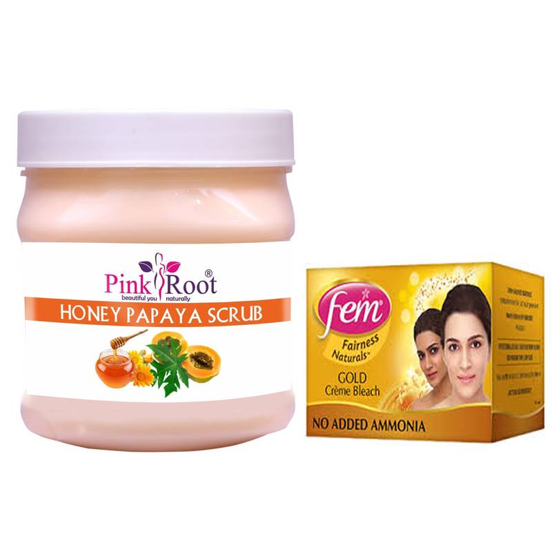 Honey Papaya Scrub 500gm with Fem Gold Creme Bleach 50gm by Pink Root
