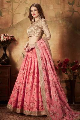 Meghalya Organza Floral Print Embroidered Pink Lehenga Choli Set 1