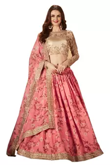 Meghalya Organza Floral Print Embroidered Pink Lehenga Choli Set