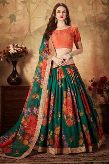 Green & Orange Colored Dori, Zari, and Sequins embroidered & Digital Floral Printed organza wedding Lehenga choli