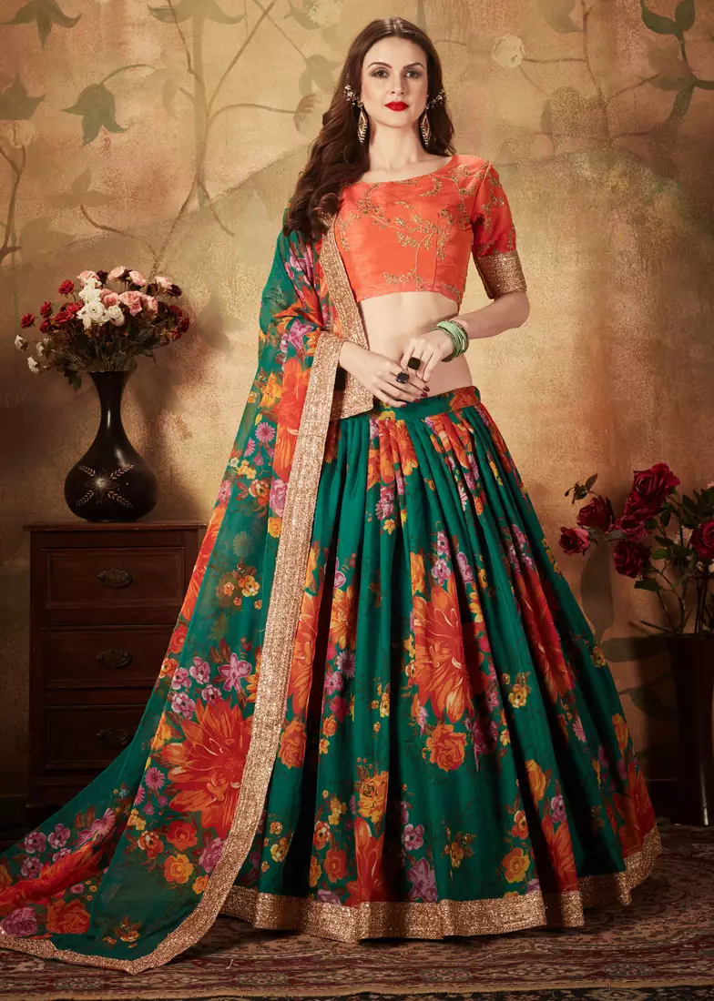 Green & Orange Colored Dori, Zari, and Sequins embroidered & Digital Floral Printed organza wedding Lehenga choli