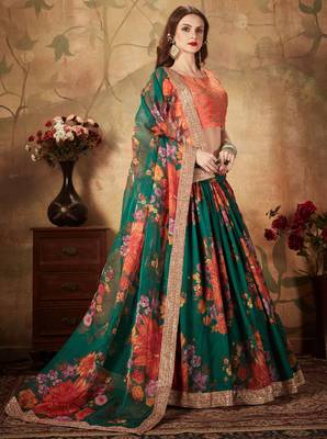 Green & Orange Colored Dori Zari And Sequins Embroidered & Digital Floral Printed Organza Wedding Lehenga Choli 1