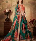 Green & Orange Colored Dori Zari And Sequins Embroidered & Digital Floral Printed Organza Wedding Lehenga Choli