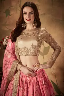 Meghalya Organza Floral Print Embroidered Pink Lehenga Choli Set